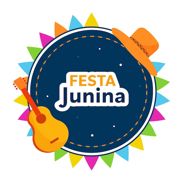 Вектор Наклейка стиль festa junina шрифт над круглой рамкой с шляпой гитарой на белом фоне