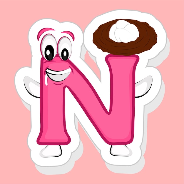 Vector sticker style greedy n alphabet cartoon character with eggs nest on pink background