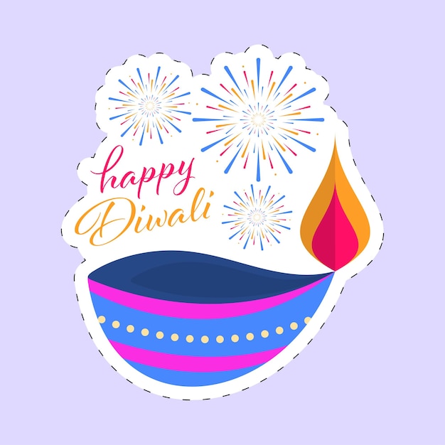 Vettore stile adesivo happy diwali font con lampada a olio accesa diya e fuochi d'artificio su sfondo viola pastello