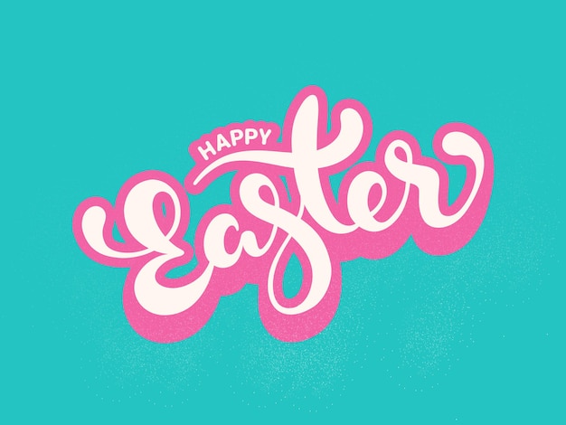 Vector sticker style happy easter text on turquoise background