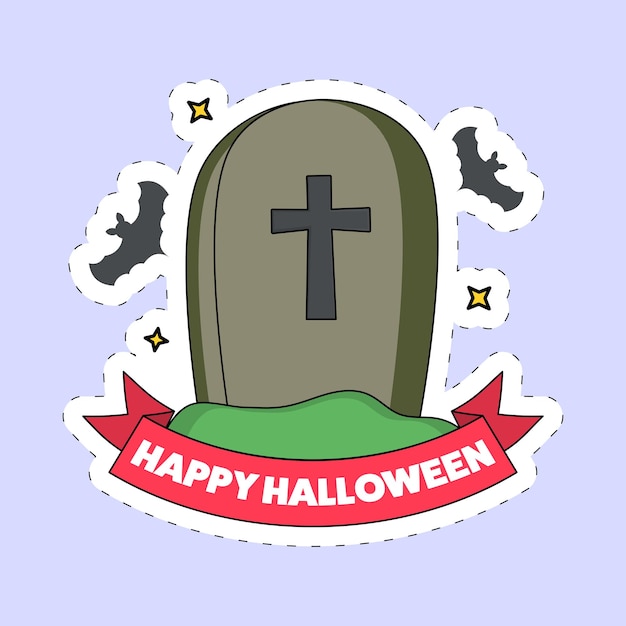 Наклейка в стиле Happy Halloween Font с надгробной плитой, летающими летучими мышами на синем фоне