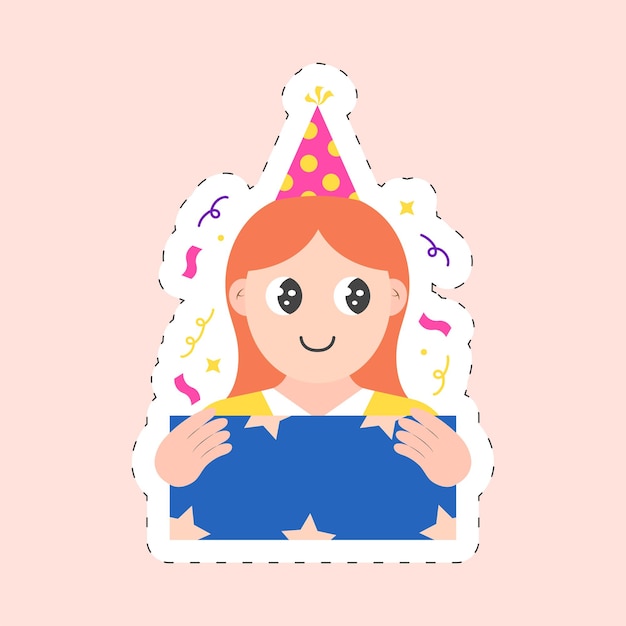 Sticker style happy little girl wearing party hat and holding present icon in peach background