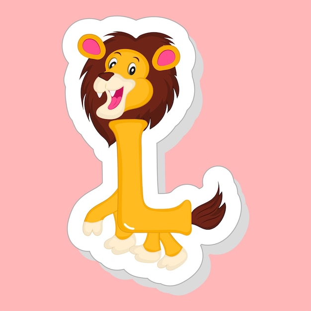 Sticker Style L Alphabet Animal Cartoon Lion On Pink Background