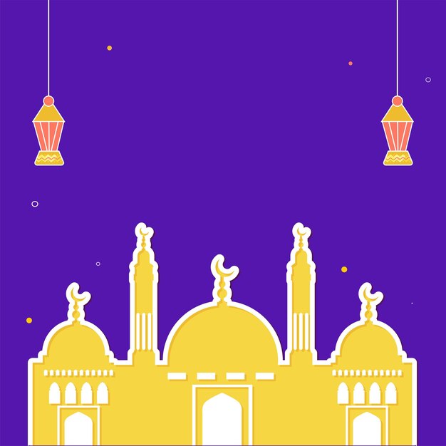 イスラム教徒のコミュニティフェスティバルのコンセプトの紫色の背景にステッカースタイルのモスクのイラストと吊り提灯