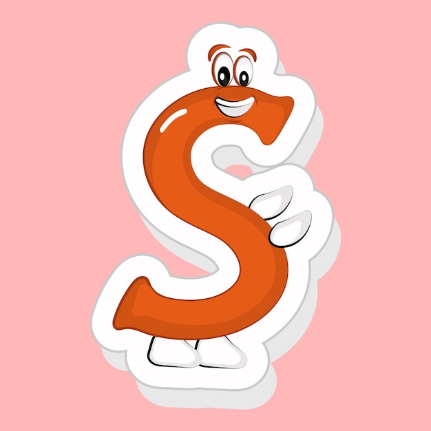 Sticker style orange s alphabet cartoon character hands in front on pink background