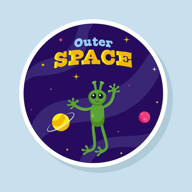 Sticker Style Outer Space Font With Cartoon Alien In Galaxy Blue Background