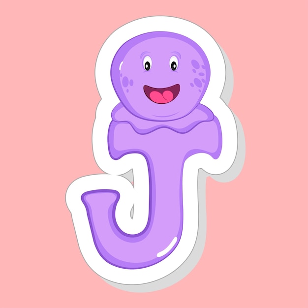 Sticker Style Purple J Alphabet Animal Cartoon Jellyfish On Pink Background