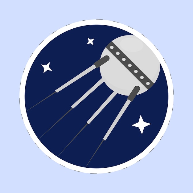 Sticker Style Sputnik Fly In Space Stars Blue Background