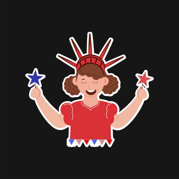 Sticker style statue liberty hat wearing cheerful girl with holding fireworks stick over black background