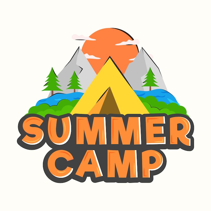 Vector sticker style summer camp font with tent mountain tree and sun on white background