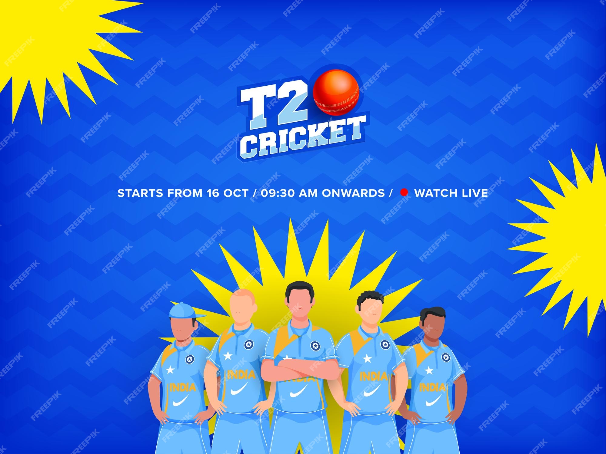 Premium Vector | Sticker style t20 cricket font with red ball faceless india  cricketer player team on yellow and blue zigzag lines background