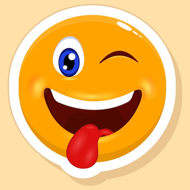 Sticker Style Tongue Out And Winking Eye Cartoon Emoji Yellow Background