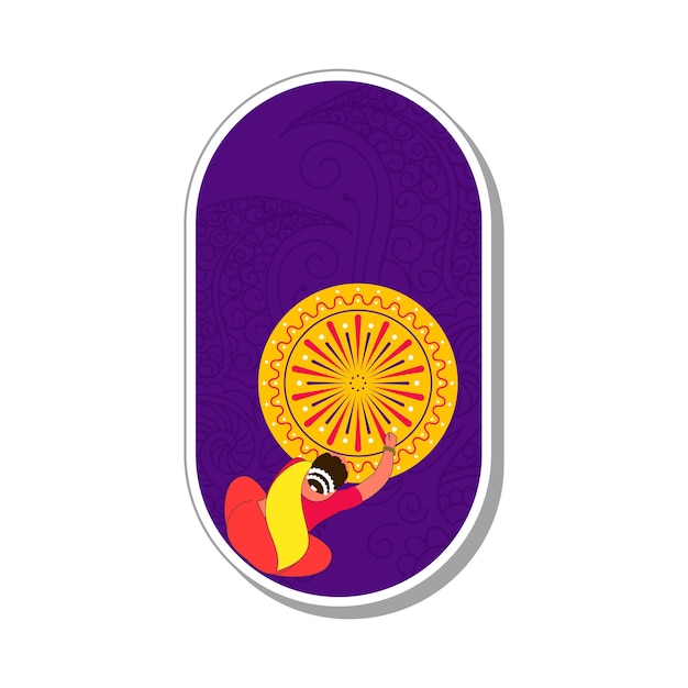 Sticker Style Top View Of Indian Woman Made Star Rangoli Over Purple Oval Background