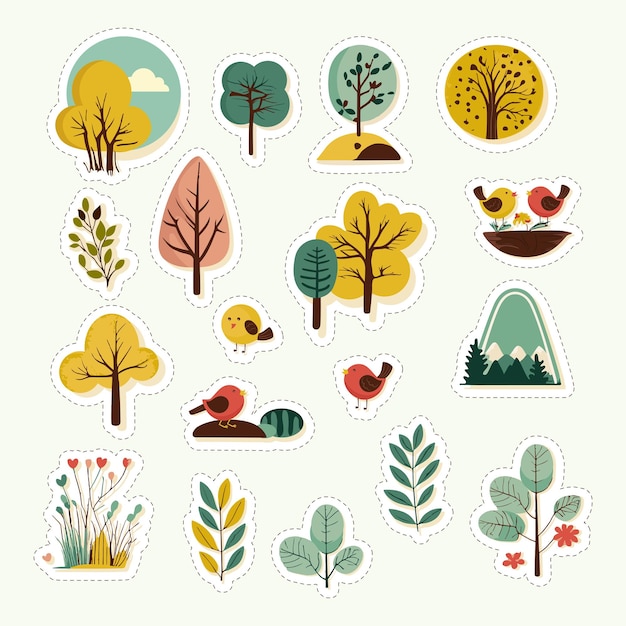 Sticker style tree flower cute birds leaves with mountains element set