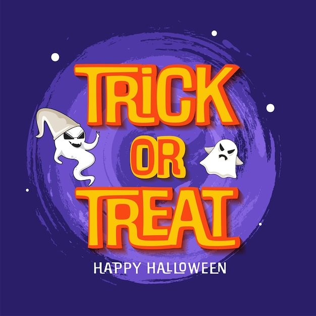 Sticker Style Trick Or Treat Font With Funny Ghosts On Purple Brush Stroke Background For Happy Halloween Concept.