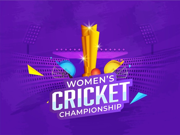 Sticker style women's cricket championship font with 3d shiny trophy cup participating countries helmets on purple stadium view