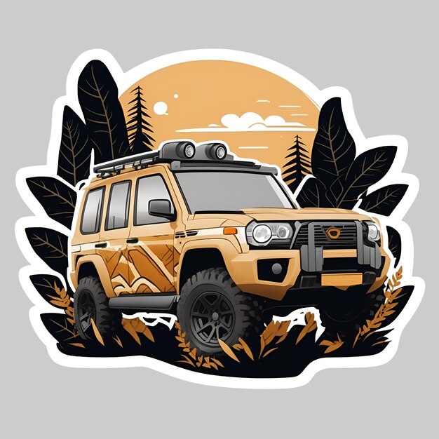 Vector sticker tan color car offroad in jungle with ai generated