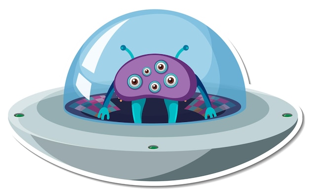 Vector sticker template with alien monster in ufo isolated