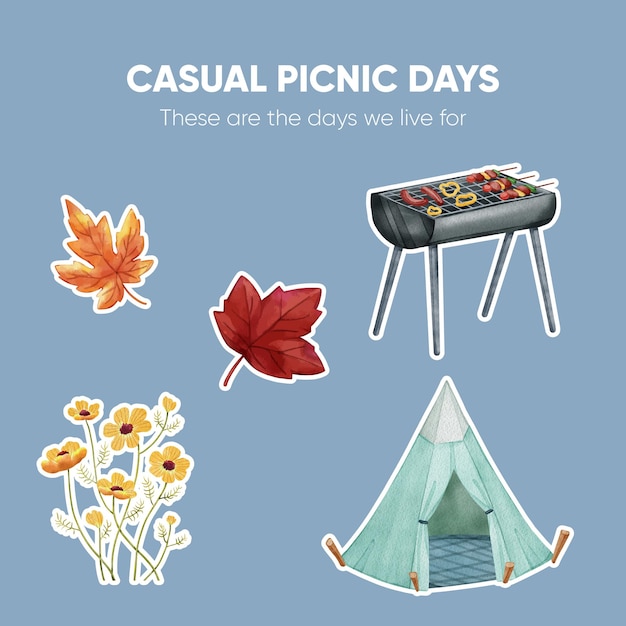 가을 캠핑 피크닉 컨셉이 있는 스티커 템플릿 수채화 스타일