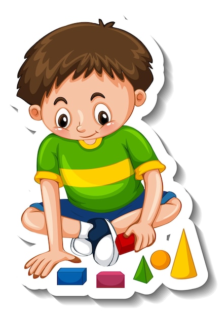 Sticker template with a boy cartoon character isolated