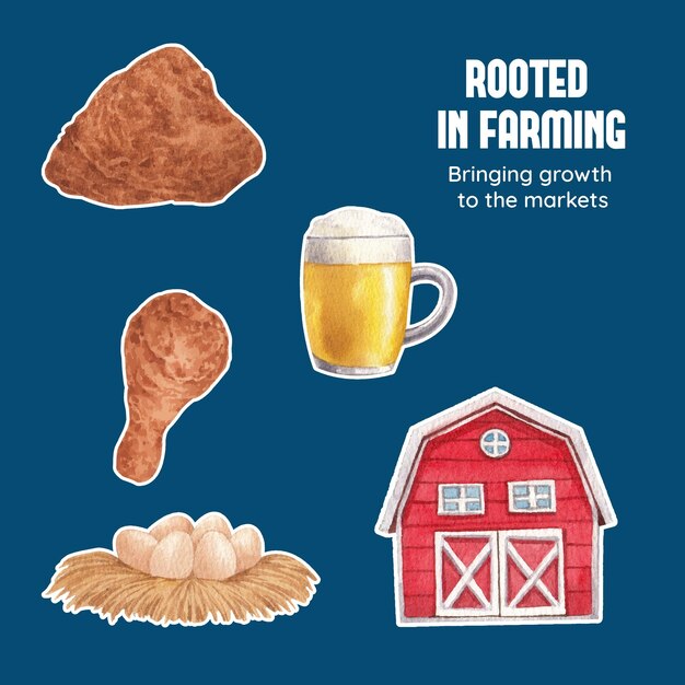 Sticker template with chicken farm food conceptwatercolor style