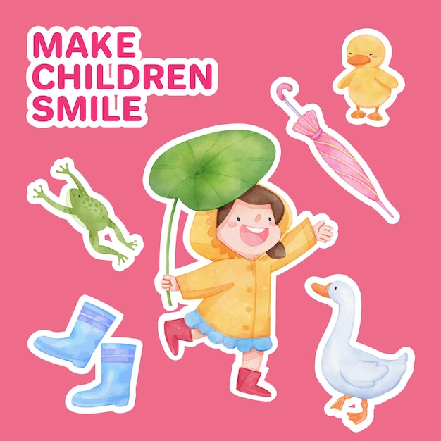 Sticker template with children rainy season conceptwatercolor style