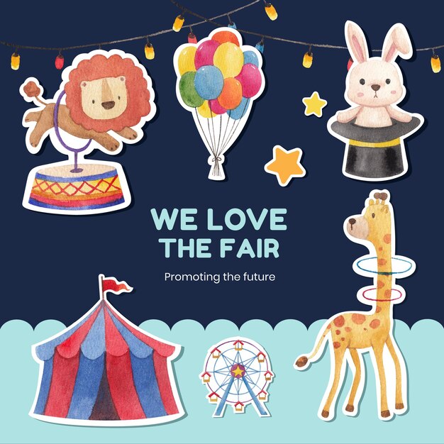 Sticker template with circus funfair in watercolor style