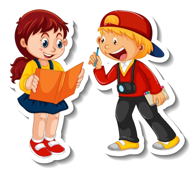 Vector sticker template with couple of kids students cartoon character isolated