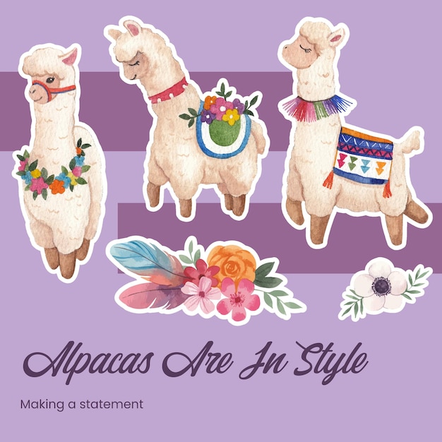 Modello di adesivo con carino boho alpaca conceptwatercolor style