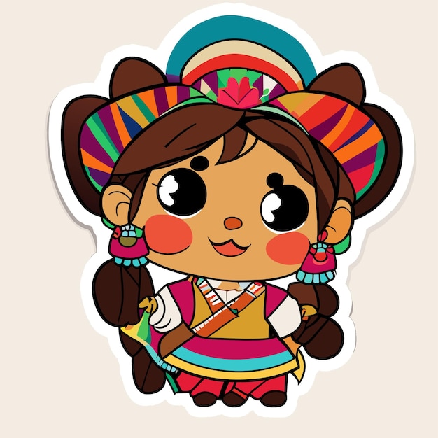 Sticker template with a cute girl cartoon character isolated