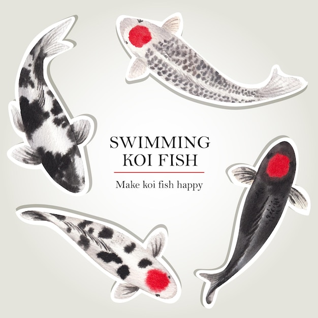 Sticker template with koi fish concept,watercolor style.