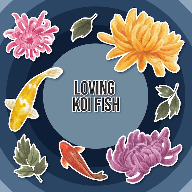Sticker template with koi fish concept,watercolor style.