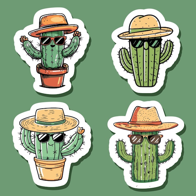 Vector sticker van cactus met stijlvolle hoeden en zonnebril