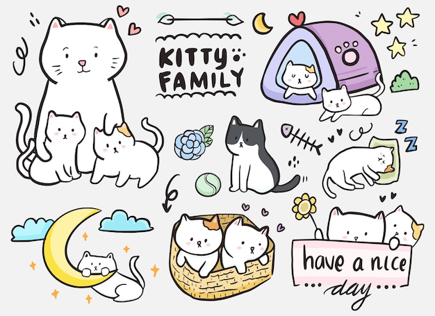 Sticker van kat familie doodle omtrek tekenen set