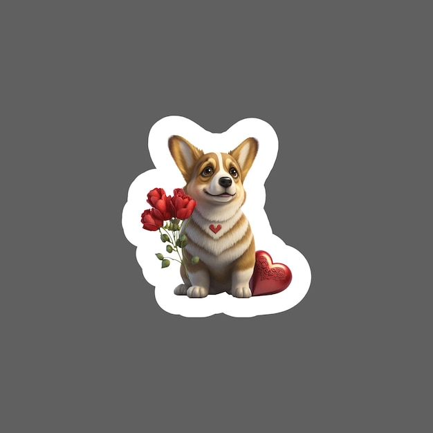 Sticker van valentijnshond met roos en hart