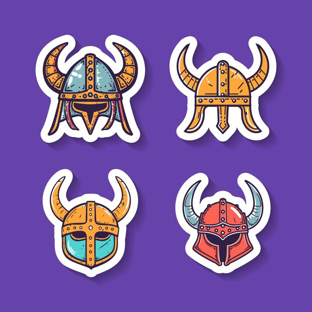 Vector sticker of various viking helmets with ornate designs