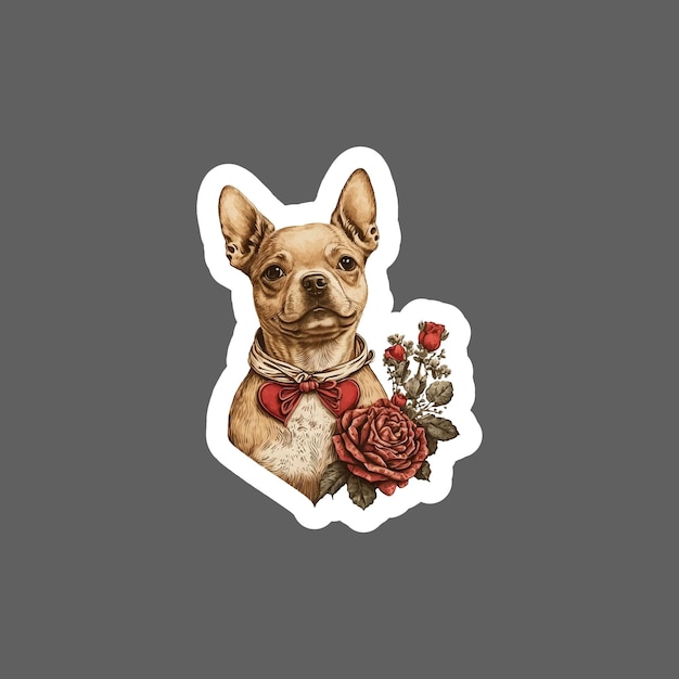 Vector sticker of vintage dog valentine and rose