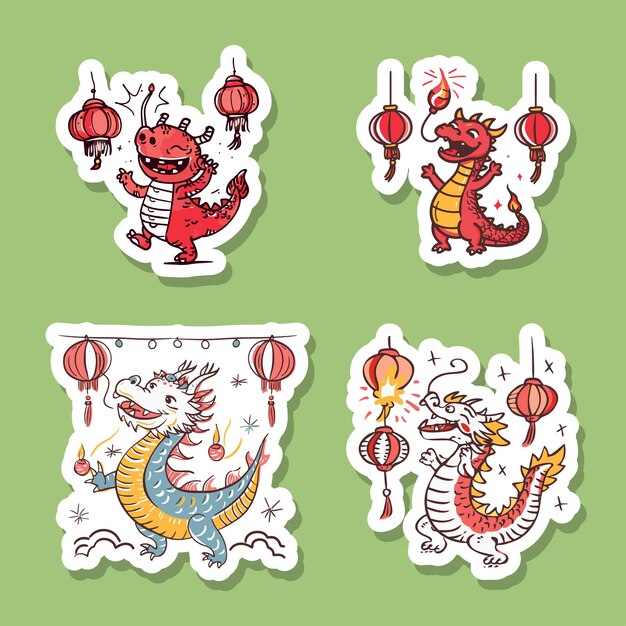 Vector sticker of whimsical dragons with lanterns