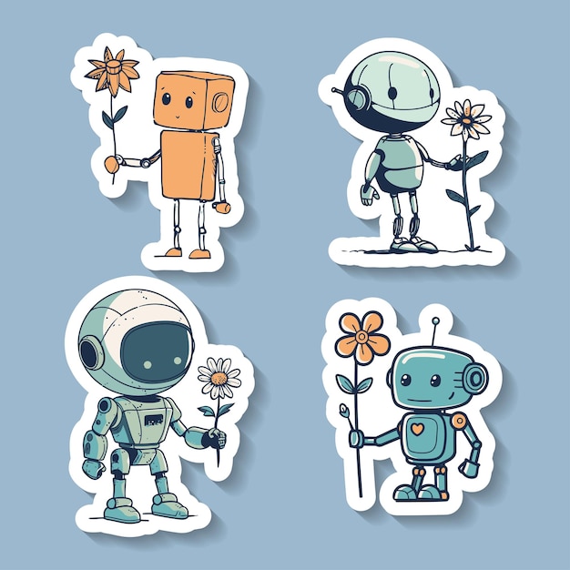 Vector sticker of a whimsical robot holding a flower