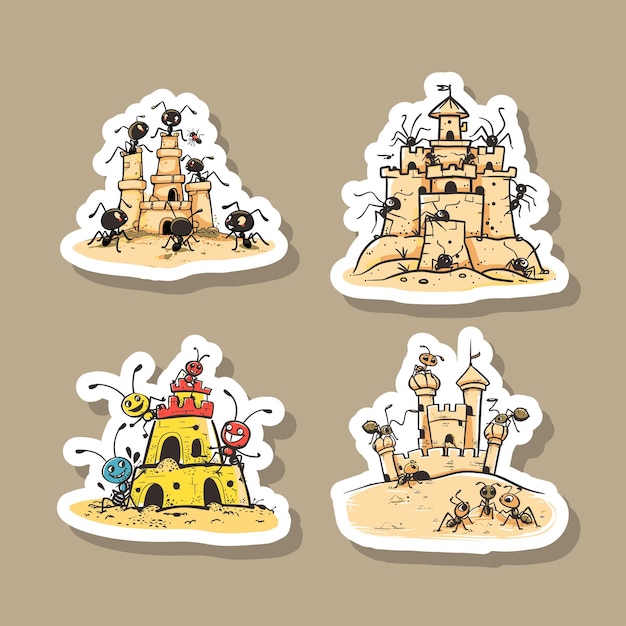 Sticker of whimsical sand castles with playful ants