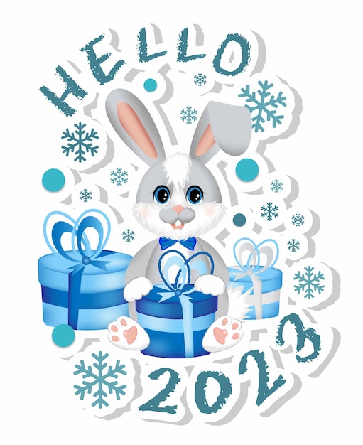 Sticker with symbol of the 2023 year Cute little rabbit hare sitting with gifts