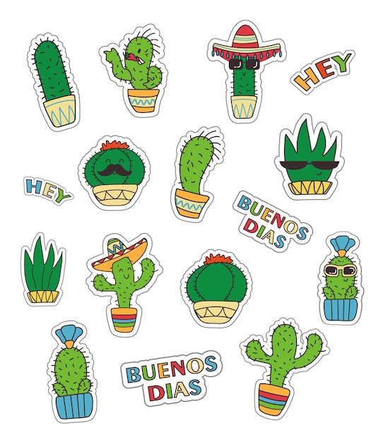 Confezione di adesivi di simpatici cactus messicani con baffi e sombrero in stile doodle dai colori vivaci