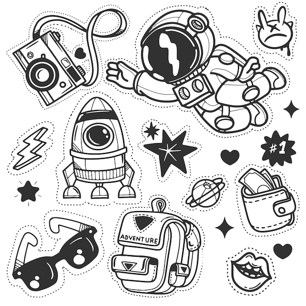 Stickerpakket met grappige stripfiguren Vectorillustratie van komische astronaut raket rugzak ster lip enz