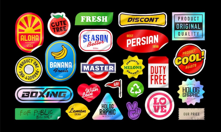 Vector stickerpakket. verpakking met stickers. gepelde papieren stickers. productverpakking met transparant plastic pakket. geïsoleerde vector op zwarte achtergrond