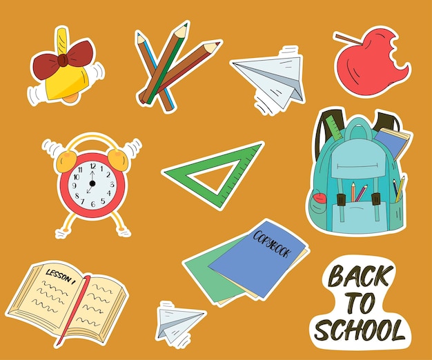 Vector stickers back to school with school subjects: a book, a notebook, a backpack, a bell