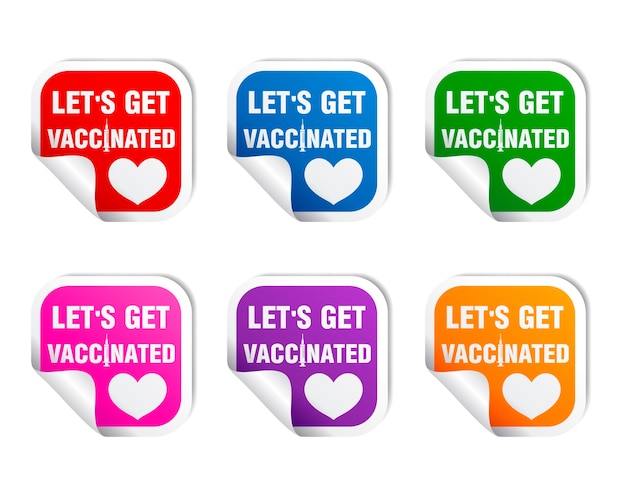 Set di adesivi colorati adesivo con la scritta per vaccinarsi let39s ottenere vaccinati illustrazione vettoriale