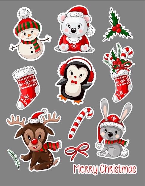 Vector stickers cute baby animals on christmas wear vector