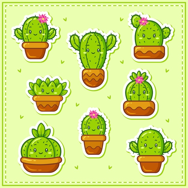 Vector stickers of cute cactus collection set