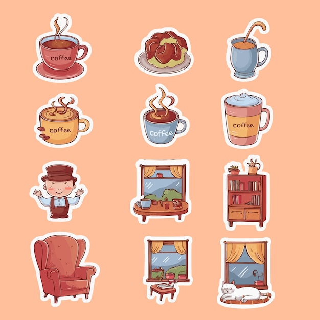 stickers featuring objects from a cozy coffee shop