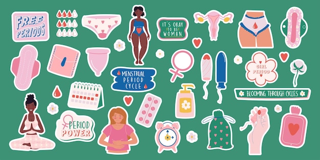 Stickers feminine hygiene products lettering Menstruation period woman Female characters